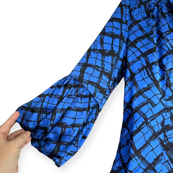 Vintage Allison Taylor 100% Silk Blue Tie Neck Balloon Sleeve Blouse Women's L - Picture 6 of 8